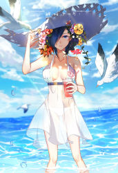 Rule 34 | 1girl, absurdres, alternate costume, bare arms, bare shoulders, bikini, bikini bottom only, bird, blue eyes, blurry, blurry background, breasts, breasts apart, cloud, cloudy sky, collarbone, commentary request, cup, day, dress, drink, feet out of frame, flower, g4265059, hair flower, hair ornament, hair over one eye, hand on headwear, hat, highres, holding, holding cup, in water, kirishima touka, large breasts, looking at viewer, no bra, ocean, outdoors, purple hair, seagull, see-through, short hair, sky, solo, standing, sun hat, sundress, swimsuit, tokyo ghoul, tokyo ghoul:re, translation request, wading, water, water drop, white bikini, white dress