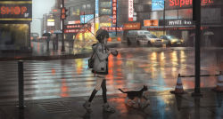 Rule 34 | 1girl, 6+others, asymmetrical legwear, bag, black skirt, black socks, black thighhighs, building, car, cat, catzz, city, cityscape, commentary request, crosswalk, highres, holding, holding umbrella, jacket, lamppost, long sleeves, motor vehicle, multiple others, night, original, rain, reflection, reflective floor, road, scenery, shoes, skirt, sneakers, socks, solo focus, sports utility vehicle, street, thighhighs, traffic, traffic cone, transparent, transparent umbrella, umbrella, walking, white footwear, white jacket