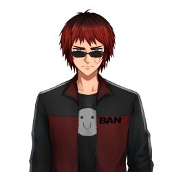 Rule 34 | 1boy, bans, black jacket, black shirt, blue eyes, closed mouth, collarbone, commentary request, dice earrings, facial scar, gradient hair, half-closed eyes, highres, jacket, k-suwabe, looking at viewer, looking over eyewear, male focus, multicolored clothes, multicolored eyes, multicolored hair, multicolored jacket, official art, open clothes, open jacket, print shirt, red eyes, red hair, red jacket, scar, scar on cheek, scar on face, second-party source, serious, shirt, short hair, simple background, smiley face, solo, straight-on, sunglasses, symbol-shaped eyes, tenkai tsukasa, track jacket, upper body, v-shaped eyebrows, virtual youtuber, white background