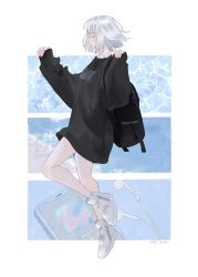 Rule 34 | 1girl, artist name, backpack, bag, black bag, black shirt, border, closed eyes, closed mouth, earbuds, earphones, frilled shirt collar, frills, from side, full body, hands up, highres, long sleeves, no socks, original, outside border, oversized clothes, oversized shirt, profile, shirt, shoes, silver hair, sneakers, solo, sutera sea, water, white border, white footwear, zipper