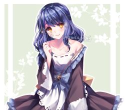 Rule 34 | 1girl, apron, arm at side, artist name, bare shoulders, blue hair, blush, brown dress, closed mouth, collarbone, dress, facial mark, frilled skirt, frills, hand up, highres, long hair, long sleeves, looking at viewer, off-shoulder dress, off shoulder, original, ribbon-trimmed dress, ribbon trim, sash, sasucchi95, skirt, slit pupils, smile, solo, upper body, waist apron, wide sleeves, yellow eyes