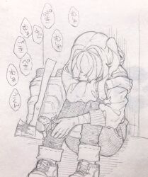 Rule 34 | 1girl, against wall, axe, backpack, bag, bandaged arm, bandages, blood, bloody weapon, boots, commentary, covered face, denim, food, graphite (medium), greyscale, hair intakes, head down, highres, holding, holding food, hugging own legs, jeans, knees up, kotonoha akane, monochrome, on floor, one side up, out of frame, pants, sidelocks, sitting, sleeves past elbows, solo focus, sound effects, toriniku29, traditional media, translation request, voiceroid, weapon