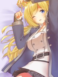 Rule 34 | 1girl, arm up, belt, black belt, black skirt, blonde hair, blue eyes, blush, braid, breasts, buttons, commentary request, cowboy shot, dated, double-breasted, dress, french braid, highres, large breasts, long hair, long sleeves, looking at viewer, lying, miniskirt, nail polish, on bed, one eye closed, open mouth, pink nails, pleated skirt, ragnarok masters, ragnarok online, skirt, solo, tomo-graphy, twitter username, white dress