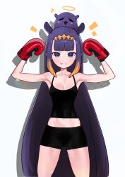 Rule 34 | 1girl, 1other, absurdres, bike shorts, black shorts, black tank top, blunt bangs, boxing gloves, breasts, cleavage, collarbone, commentary, cookiedusty, english commentary, flexing, halo, highres, hololive, hololive english, long hair, narrow waist, ninomae ina&#039;nis, on head, orange hair, pout, purple hair, short shorts, shorts, skinny, small breasts, spaghetti strap, takodachi (ninomae ina&#039;nis), tank top, tentacle hair, very long hair, virtual youtuber