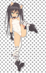 Rule 34 | 1girl, animal ears, animal print, bad id, bad pixiv id, bare shoulders, black hair, blade (galaxist), blush, boots, collar, gloves, green eyes, highres, leg lift, leg up, long hair, looking at viewer, one-piece swimsuit, original, revision, simple background, solo, swimsuit, tail, thighhighs, tiger ears, tiger print, tiger tail, twintails, white one-piece swimsuit