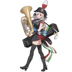 Rule 34 | 1girl, black footwear, black hat, black ribbon, black skirt, black thighhighs, blush, boots, breasts, case, eyes visible through hair, from side, full body, girls&#039; frontline, hair between eyes, hair ornament, hair ribbon, hat, headwear request, holding, holding instrument, instrument, italian flag, large breasts, looking at viewer, medal, medium hair, military hat, official alternate costume, official art, open mouth, red eyes, ribbon, silver hair, skirt, sleeveless, smile, solo, spas-12 (girls&#039; frontline), spas-12 (marching band) (girls&#039; frontline), strap, terras, thighhighs, transparent background, tuba, two-tone skirt, uniform, walking, wristband, zettai ryouiki