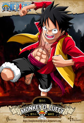 Rule 34 | 1boy, black hair, character name, copyright name, highres, male focus, monkey d. luffy, one piece, red shirt, shirt, solo, torn clothes