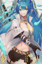 Rule 34 | 1girl, arknights, black shorts, blue eyes, blue hair, braid, coat, cowboy shot, cup, detached collar, dragon girl, dragon horns, dragon tail, earrings, gradient skin, highres, holding, holding cup, horns, jewelry, ling (arknights), mea (hwaksal), multicolored hair, necktie, open clothes, open coat, pointy ears, shorts, staff, streaked hair, tail, tassel, tassel earrings, white coat, yellow necktie