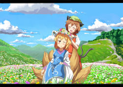 Rule 34 | 2girls, animal ears, bad id, bad pixiv id, blonde hair, brown eyes, brown hair, cat ears, cat girl, cat tail, chen, dress, earrings, female focus, flower, fox tail, hat, jewelry, letterboxed, multiple girls, multiple tails, nature, outdoors, plant, ratsuparu, short hair, sky, tail, touhou, yakumo ran