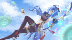 Rule 34 | 2girls, absurdres, ahoge, black gloves, black pantyhose, blue hair, blue sky, bodystocking, bow (weapon), breasts, chinese commentary, cloud, commentary request, day, foot out of frame, ganyu (genshin impact), genshin impact, gloves, high-waist skirt, high heels, highres, holding, holding bow (weapon), holding weapon, horns, large breasts, long hair, looking at viewer, multiple girls, paimon (genshin impact), pantyhose, parted lips, skirt, sky, slime (genshin impact), thighs, very long hair, weapon, white hair, white skirt, yingxue sasa