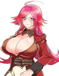Rule 34 | 10s, 1girl, ahoge, blue eyes, blush, breasts, choker, cleavage, coat, fate/extra, fate (series), francis drake (fate), large breasts, long hair, looking at viewer, pants, pink hair, scar, smile, solo