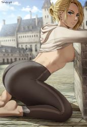 Rule 34 | 1girl, annie leonhart, arched back, artist name, ass, barefoot, blonde hair, blue eyes, blue sky, blurry, blurry background, blush, breasts, brick floor, building, closed mouth, cloud, cropped hoodie, day, female focus, folded ponytail, from side, highres, hood, hoodie, huge ass, kneeling, looking at viewer, medium breasts, nipples, outdoors, pants, shexyo, shingeki no kyojin, short hair, sky, solo, striped clothes, striped pants, vertical-striped clothes, vertical-striped pants, yoga pants