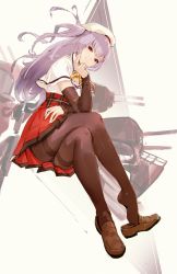 Rule 34 | 1girl, ajax (azur lane), azur lane, beret, bow, bowtie, cannon, capelet, head rest, collar, detached sleeves, elbow on knee, full body, hat, highres, light purple hair, loafers, looking at viewer, one side up, pantyhose, red eyes, rigging, shoes, simple background, sketch, skirt, smile, so-bin, solo, thighband pantyhose