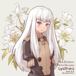 Rule 34 | 1girl, character name, closed mouth, copyright name, dated, epaulettes, fire emblem, fire emblem: three houses, flower, grey background, jacket, long hair, long sleeves, looking at viewer, lysithea von ordelia, nintendo, pink eyes, purple eyes, ruru (lulubuu), simple background, smile, solo, uniform, upper body, white background, white hair