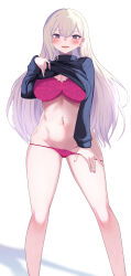 Rule 34 | 1girl, absurdres, black sweater, blonde hair, blue eyes, blush, bra, breasts, clothes lift, earrings, feet out of frame, hair between eyes, hand up, heart, heart-shaped pupils, highres, jewelry, large breasts, lifting own clothes, long hair, long sleeves, looking at viewer, navel, no pants, open mouth, original, paid reward available, panties, panty pull, pink bra, pink panties, pulling own clothes, simple background, solo, standing, stomach, sweater, sweater lift, symbol-shaped pupils, underwear, very long hair, yuzuki himuka