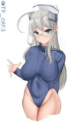 Rule 34 | 1girl, blue eyes, blue leotard, breasts, covered navel, cropped legs, glasses, grey hair, hand up, headgear, heattech leotard, heywood l. edwards (kancolle), kantai collection, large breasts, leotard, long hair, long sleeves, looking at viewer, one-hour drawing challenge, parted lips, ribbed leotard, solo, tf cafe, turtleneck, twitter username, white background