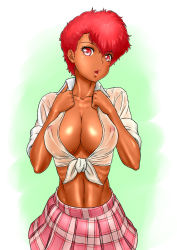 Rule 34 | 1980s (style), 1girl, abs, breasts, cleavage, covered erect nipples, dark-skinned female, dark skin, dirty pair, highres, kei (dirty pair), large breasts, midriff, no bra, oldschool, plaid, plaid skirt, puckered lips, red eyes, red hair, renko (gayosiz), retro artstyle, see-through, shirt, short hair, skirt, sleeves rolled up, solo, tied shirt, wet, wet clothes, wet shirt