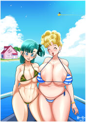 Rule 34 | 2girls, bikini, blonde hair, blue eyes, breast press, breasts, bulma, closed eyes, covered erect nipples, dragonball z, earrings, green hair, huge breasts, jewelry, kame house, kogeikun, lipstick, looking at viewer, makeup, mature female, mother and daughter, multiple girls, nipples, open mouth, panchy, piercing, red lips, swimsuit, water
