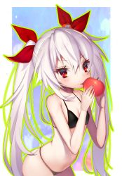 Rule 34 | 1girl, apple, artist request, azur lane, bad id, bad pixiv id, bare arms, bare shoulders, bikini, black bikini, blush, breasts, cleavage, collarbone, commentary request, cowboy shot, food, fruit, green outline, hair between eyes, hair ribbon, hands up, holding, holding food, licking, long hair, looking at viewer, mogullaz, outline, red apple, red eyes, red ribbon, ribbon, sidelocks, silver hair, small breasts, solo, swimsuit, tongue, tongue out, tsurime, twintails, vampire (azur lane), very long hair