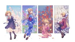 Rule 34 | 1girl, air (visual novel), arms behind back, autumn, autumn leaves, bare tree, black socks, blonde hair, blue eyes, blue kimono, blush, boots, bow, brown footwear, coat, commentary request, cross print, facing viewer, floating hair, floral print, from behind, from side, full body, fur-trimmed sleeves, fur trim, hair bow, hair intakes, hair ribbon, hand up, happy, highres, hikari (0607 hikari), japanese clothes, juliet sleeves, kamio misuzu, kimono, knees together feet apart, long hair, long sleeves, looking at viewer, looking back, multiple persona, necktie, one eye closed, open mouth, outside border, pajamas, pink pajamas, ponytail, profile, puffy sleeves, red coat, red necktie, ribbon, school uniform, seasons, short hair, short necktie, simple background, sitting, sleeping, sleepy, smile, snow, socks, spring (season), standing, straight hair, summer, tree, very long hair, wariza, white background, white bow, winter, winter clothes, yukata