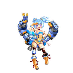 Rule 34 | 1girl, armband, bandaid, bandaid on knee, bandaid on leg, bare shoulders, blue hair, boots, breasts, full body, gloves, highres, lucknight, mecha musume, midriff, navel, original, pink eyes, shorts, small breasts, solo, thighhighs, twintails, v, wrench