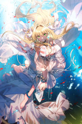 Rule 34 | 1girl, absurdres, ahoge, air bubble, anklet, bare shoulders, barefoot, bead anklet, bead bracelet, beads, bikini, blonde hair, bracelet, breasts, bubble, caustics, cleavage, dress, fate/grand order, fate (series), feet, floating hair, gown, green eyes, grin, hair between eyes, hair intakes, hair ribbon, halterneck, highres, hip focus, jewelry, large breasts, legs, light rays, long hair, looking at viewer, nero claudius (fate), nero claudius (fate) (all), nero claudius (swimsuit caster) (fate), nero claudius (swimsuit caster) (third ascension) (fate), no-kan, own hands together, petals, red bikini, ribbon, smile, solo, striped bikini, striped clothes, submerged, sunlight, swimsuit, underwater, water, white ribbon