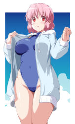 Rule 34 | 1girl, :o, absurdres, blush, breasts, commentary request, covered erect nipples, covered navel, cowboy shot, drawstring, gluteal fold, highleg, highleg swimsuit, highres, hood, hood down, hooded jacket, impossible clothes, impossible swimsuit, jacket, large breasts, long sleeves, looking at viewer, medium hair, nori tamago, one-piece swimsuit, open clothes, open jacket, pink hair, red eyes, saigyouji yuyuko, solo, swimsuit, thigh gap, thighs, touhou