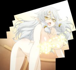 Rule 34 | 1girl, all fours, anime screenshot, ass, breasts, convenient censoring, glasses, grey hair, hanging breasts, highres, huge breasts, ishuzoku reviewers, lambert (ishuzoku reviewers), nude, open mouth, solo, stitched, tagme, third-party edit, tongue, tongue out, yellow eyes