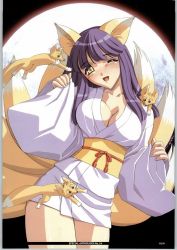 Rule 34 | animal ears, blush, breasts, cleavage, fox, fox ears, highres, japanese clothes, moon, smile, tail, wink