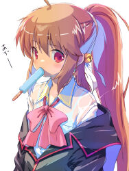 Rule 34 | 1girl, ahoge, akayama yukihe, bell, black jacket, bow, breasts, brown hair, collared shirt, commentary request, eyes visible through hair, food, food in mouth, hair bell, hair between eyes, hair ornament, hair ribbon, highres, hot, jacket, light blush, little busters!, long hair, looking at viewer, natsume rin, off shoulder, pink bow, pink ribbon, ponytail, popsicle, popsicle in mouth, red eyes, ribbon, school uniform, see-through, see-through shirt, shirt, sidelocks, simple background, small breasts, solo, sweat, translated, upper body, very long hair, white background, white ribbon, white shirt
