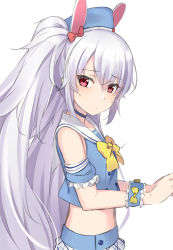 Rule 34 | 1girl, absurdres, animal ears, azur lane, bare shoulders, blue hat, blue shirt, blue sleeves, blush, bow, closed mouth, commentary request, crop top, detached sleeves, hair between eyes, hat, highres, kohakope, laffey (azur lane), laffey (bunny clerk?) (azur lane), long hair, looking at viewer, looking to the side, midriff, pleated skirt, puffy short sleeves, puffy sleeves, rabbit ears, red eyes, school uniform, serafuku, shirt, short sleeves, sidelocks, silver hair, simple background, skirt, sleeveless, sleeveless shirt, solo, twintails, very long hair, white background, white skirt, wrist cuffs, yellow bow
