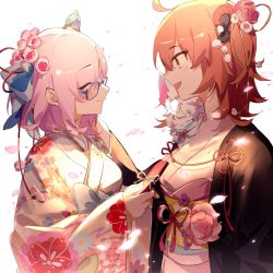 Rule 34 | 2girls, :d, ^ ^, ahoge, blue-framed eyewear, blue hakama, bow, cherry blossoms, closed eyes, closed mouth, creature, e (h798602056), fate/grand order, fate (series), fou (fate), fujimaru ritsuka (female), hair ornament, hair over one eye, hair scrunchie, hakama, highres, holding, japanese clothes, kimono, looking at another, mash kyrielight, mash kyrielight (irohanihoheto), multicolored bow, multiple girls, official alternate costume, on shoulder, one side up, open mouth, orange eyes, orange hair, petals, print kimono, scrunchie, side ponytail, simple background, smile, upper body, waist bow, white background