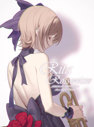 Rule 34 | 1girl, artist name, backless dress, backless outfit, bare shoulders, black bow, black dress, bow, brown hair, character name, copyright name, dress, formal, hair bow, highres, honkai (series), honkai impact 3rd, rita rossweisse, short hair, simple background, sleeveless, sleeveless dress, solo, sougishi ego, white background