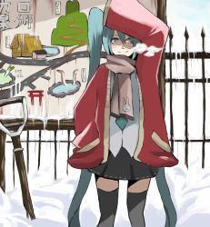 Rule 34 | blue eyes, blue hair, cold, hatsune miku, highres, long hair, scarf, skirt, smile, solo, tansuke, thighhighs, twintails, vocaloid