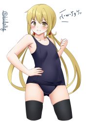 Rule 34 | 1girl, black one-piece swimsuit, black thighhighs, blonde hair, blush, collarbone, cowboy shot, flat chest, gluteal fold, hair between eyes, hand on own hip, highres, ishida arata, kantai collection, long hair, looking at viewer, low twintails, old school swimsuit, one-piece swimsuit, satsuki (kancolle), school swimsuit, simple background, smile, solo, swimsuit, thighhighs, twintails, twitter username, white background