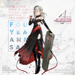 Rule 34 | 1girl, alcohol, aosora kamiya, black dress, black footwear, black gloves, black hat, blush, boots, breasts, cleavage, cup, dress, drinking glass, elbow gloves, fingerless gloves, full body, girls&#039; frontline, gloves, grey hair, hair between eyes, hair ornament, hat, high heel boots, high heels, highres, holding, long hair, official alternate costume, official art, open mouth, petals, simple background, solo, standing, thigh boots, thighhighs, wine, wine glass, yellow eyes, zas m76 (dancer of the night) (girls&#039; frontline), zas m76 (girls&#039; frontline)