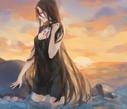 Rule 34 | 1girl, abyssal ship, battleship princess, black dress, black hair, breasts, cleavage, dress, horns, kantai collection, lady dokuro, large breasts, long hair, looking to the side, pale skin, partially submerged, red eyes, short dress, solo, sunset, very long hair, wading, water