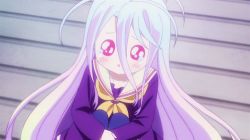 Rule 34 | 10s, 1girl, :&lt;, ahoge, animated, animated gif, blush, gradient hair, hands on own knees, long hair, lowres, multicolored hair, no game no life, non-web source, pink eyes, school uniform, serafuku, shiro (no game no life), sitting, tears, very long hair, watery eyes