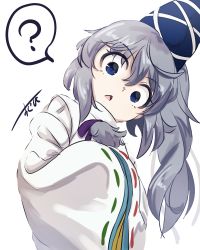 Rule 34 | 1girl, ?, bad id, bad pixiv id, blue eyes, curious, green ribbon, hat, head tilt, high collar, japanese clothes, leaning over, long sleeves, looking at viewer, looking down, mononobe no futo, open mouth, own hands together, pom pom (clothes), ponytail, purple ribbon, red ribbon, ribbon, ribbon-trimmed sleeves, ribbon trim, short hair, signature, silver hair, simple background, solo, spoken question mark, suguni, tate eboshi, touhou, triangle mouth, upper body, white background, wide sleeves