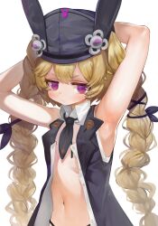 Rule 34 | 1girl, animal ears, animal hat, armpits, arms behind head, arms up, bare arms, bare shoulders, black hat, black jacket, blonde hair, braid, closed mouth, collared shirt, commentary, dokomon, dress shirt, girls&#039; frontline, hat, highres, jacket, korean commentary, long hair, looking at viewer, low twintails, navel, open clothes, open jacket, open shirt, purple eyes, rabbit ears, shirt, short eyebrows, simple background, sleeveless, sleeveless jacket, sleeveless shirt, solo, sr-3mp (girls&#039; frontline), thick eyebrows, twin braids, twintails, very long hair, white background, white shirt