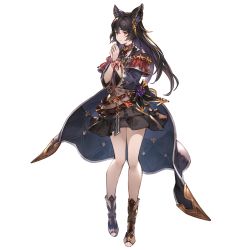 Rule 34 | 1girl, animal ears, bare legs, black hair, black skirt, bow, cape, ear piercing, erune, granblue fantasy, jewelry, long sleeves, looking at viewer, nier (granblue fantasy), official art, own hands together, pendant, piercing, red eyes, skirt, solo, transparent background