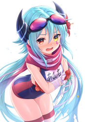Rule 34 | 1girl, anna (princess connect!), anna (summer) (princess connect!), bandaged arm, bandages, blue hair, blue one-piece swimsuit, blue scarf, blush, breasts, commentary request, crossed arms, facial mark, flower, goggles, goggles on head, gradient scarf, hair between eyes, hair flower, hair ornament, heterochromia, highres, horns, leaning forward, long hair, name tag, nose blush, old school swimsuit, one-piece swimsuit, open mouth, princess connect!, red eyes, red flower, red scarf, scarf, school swimsuit, simple background, small breasts, solo, standing, striped clothes, striped thighhighs, sweat, swimsuit, thighhighs, tomo (tmtm mf mf), torn clothes, torn scarf, very long hair, white background, yellow eyes