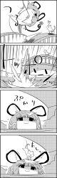 Rule 34 | 4koma, :3, ^^^, animal, animal ears, animal on head, basket, bridge, cat, cat on head, comic, commentary request, dowsing rod, dripping, empty eyes, greyscale, highres, monochrome, mouse ears, mouse tail, nazrin, no humans, no pupils, on head, railing, river, shaded face, short hair, silent comic, slipping, smile, surprised, sweatdrop, tail, tani takeshi, touhou, translation request, wet, yukkuri shiteitte ne