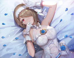 Rule 34 | 1girl, alternate costume, blush, breasts, dress, earrings, gloves, hair over one eye, hands up, honkai (series), honkai impact 3rd, jewelry, large breasts, light brown hair, looking at viewer, lying, mole, mole under eye, on back, parted lips, petals, red eyes, rita rossweisse, rita rossweisse (artemis), short hair, sl86, smile, solo, wedding dress, white dress, white gloves
