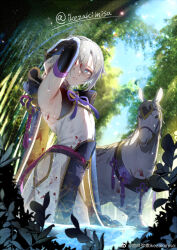 Rule 34 | 1boy, arm up, armpit crease, bamboo, bamboo forest, blood, blue eyes, day, elbow gloves, fate/grand order, fate (series), forest, gloves, hair over one eye, horse, ikezaki misa, leaf, looking at viewer, nature, outdoors, partially submerged, prince of lan ling (fate), short hair, standing, teeth, tree, wet, white fur, white hair