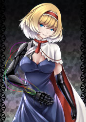 Rule 34 | 1girl, alice margatroid, asymmetrical gloves, blonde hair, blue dress, blue eyes, breasts, cape, capelet, cleavage, corruption, cowboy shot, dark persona, dress, gloves, gradient hair, hairband, highres, inyuppo, looking at viewer, mechanical arms, medium breasts, multicolored hair, short hair, single mechanical arm, smile, solo, standing, string, touhou, uneven gloves, wet, white hair