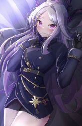 Rule 34 | 1girl, :d, absurdres, ahoge, belt, black gloves, black skirt, blue archive, commentary request, demon girl, demon horns, forehead, gloves, hair ornament, hairclip, highres, hina (blue archive), horns, long hair, long sleeves, looking at viewer, military, military uniform, open mouth, parted bangs, parted lips, pencil skirt, ponytail, purple eyes, sam browne belt, shoulder belt, side slit, sidelocks, skirt, smile, solo, syakocyo sir, uniform, white hair