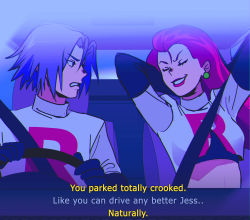 Rule 34 | 1boy, 1girl, arms behind head, arms up, black eyes, black gloves, breasts, car interior, chair, chromatic aberration, clenched teeth, closed eyes, creatures (company), crop top, deitycyla, driving, earrings, elbow gloves, english text, fake screenshot, game freak, gloves, grin, hair intakes, hair slicked back, hands up, highres, james (pokemon), jessie (pokemon), jewelry, long hair, long sleeves, looking at another, medium breasts, nintendo, pokemon, pokemon (anime), pokemon (classic anime), purple hair, red hair, red lips, seatbelt, shirt, short hair, smile, steering wheel, subtitled, talking, team rocket, teeth, upper body, white shirt, window