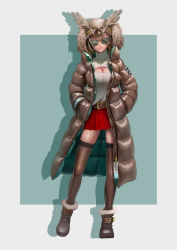 Rule 34 | 1girl, absurdres, ahoge, alternate costume, belt, belt boots, belt buckle, boots, braid, braided bangs, breasts, brown coat, brown eyes, brown footwear, brown hair, brown thighhighs, buckle, cleavage, cleavage cutout, closed mouth, clothing cutout, coat, commission, contrapposto, crossed bangs, drop shadow, ear piercing, english text, eyeshadow, feather hair ornament, feathers, full body, fur-trimmed coat, fur trim, gold, hair ornament, hands in pockets, highres, hololive, hololive english, hood, hood up, hooded coat, large breasts, lips, long bangs, long coat, long hair, long sleeves, looking at viewer, makeup, meme attire, miniskirt, multicolored coat, multicolored hair, myo-zin, nanashi mumei, nose, open-chest sweater, owl hat, piercing, pleated skirt, product placement, realistic, red skirt, ribbed sweater, runes, shiny clothes, simple background, skirt, smile, straight-on, streaked hair, sunglasses, sweater, sweater tucked in, thighhighs, turtleneck, turtleneck sweater, two-tone coat, virtual youtuber, white sweater, winter clothes, winter coat, zettai ryouiki