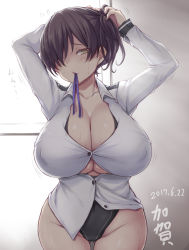Rule 34 | 10s, 1girl, adjusting hair, alternate costume, blush, breasts, brown eyes, brown hair, buttons, character name, collarbone, dated, hair over one eye, highres, huge breasts, jema, kaga (kancolle), kantai collection, mouth hold, shirt, short hair, side ponytail, solo, white shirt